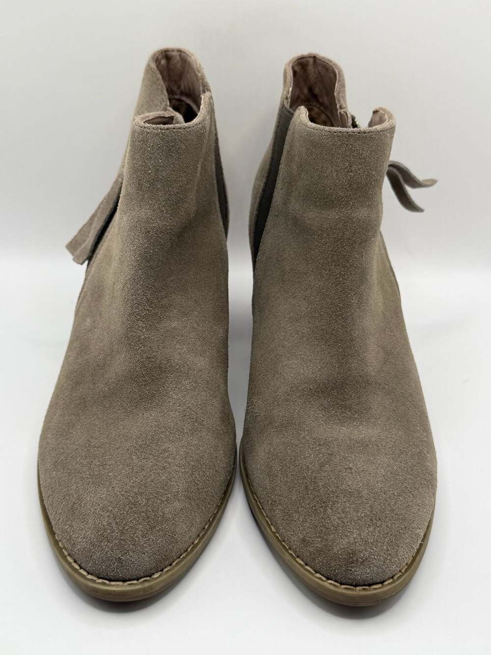 Vionic Suede Ankle Booties Taupe Brown Block Heel Side Zip